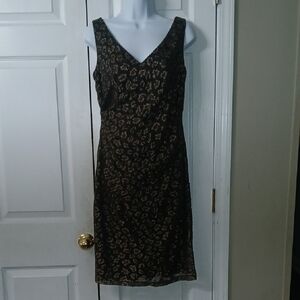 David Meister Navy Metallic Gold V neck rusched side midi Dress Sz 8 NWOT